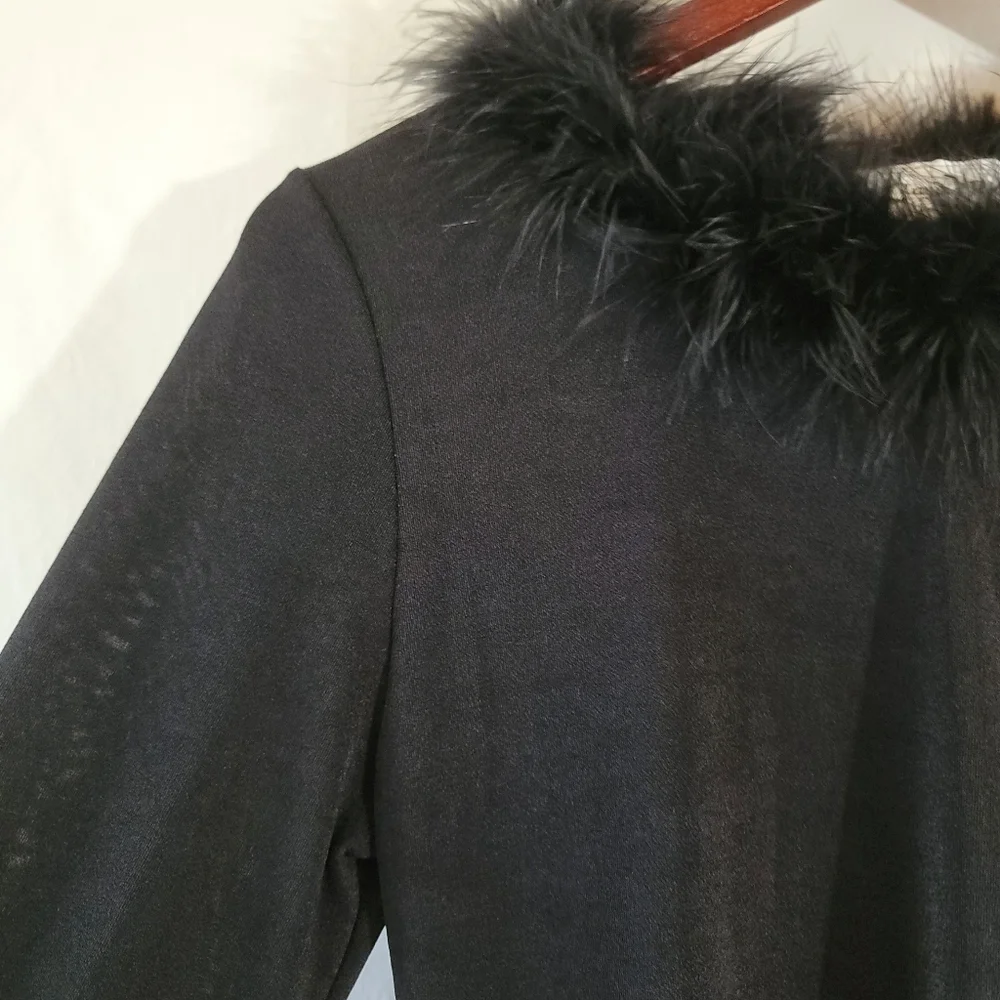 VTG Claudia Richard Black Faux Fur Trim Long Sleeve Top Sz MP Y2K Whimsigoth